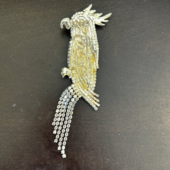 Rhinestone Parrot Cockatoo Brooch Bird Pin Statement Tassel Tail 5in - Picture 8 of 10